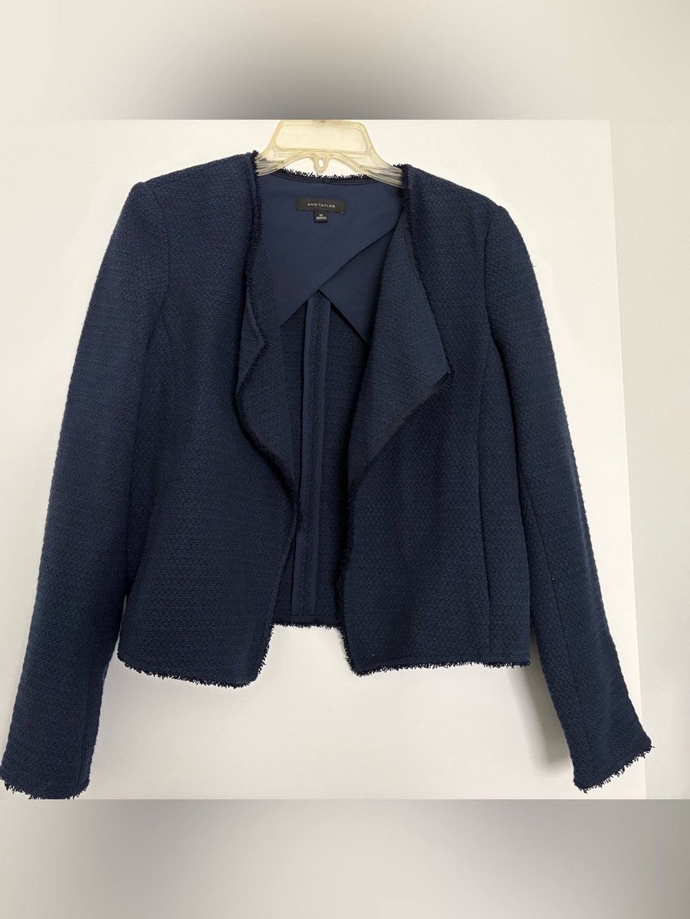 Ann Taylor Loft Tweed Open Front Blazer Jacket With Frayed Hem - Blue - Size M.